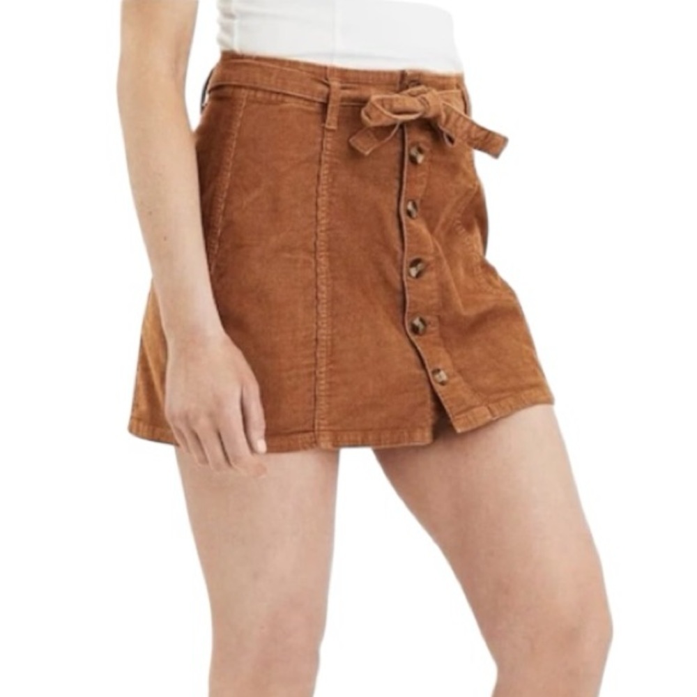 American Eagle High Rise A Line Corduroy Y2K Button Front Belted Tie Waist Skirt